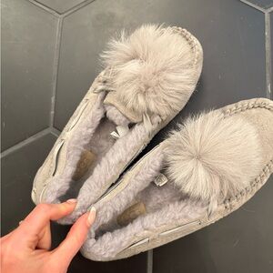 UGG Gray Fluffy Pom Pom Slippers